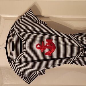 Black and White Striped Shortsleeve Dress with RED Accent Anchor Size M